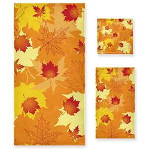 Fall Bathroom Towels Sets Fall Design Towel Set of 3, 1 Bath Towels 1 Hand Towels 1 Washcloth Soft Highly Absorbent Multipurpose for Kitchen Beach Gym Spa Decorative, Autumn Yellow Maple Leaves