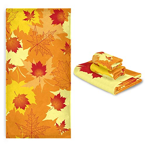 Fall Bathroom Towels Sets Fall Design Towel Set of 3, 1 Bath Towels 1 Hand Towels 1 Washcloth Soft Highly Absorbent Multipurpose for Kitchen Beach Gym Spa Decorative, Autumn Yellow Maple Leaves