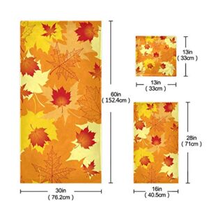 Fall Bathroom Towels Sets Fall Design Towel Set of 3, 1 Bath Towels 1 Hand Towels 1 Washcloth Soft Highly Absorbent Multipurpose for Kitchen Beach Gym Spa Decorative, Autumn Yellow Maple Leaves