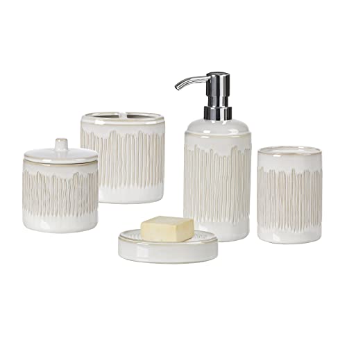 Motifeur Bathroom Accessories Set, 5-Piece Ceramic Bath Accessory Complete Set with Lotion Dispenser/Soap Pump, Cotton Jar, Soap Dish, Tumbler and Toothbrush Holder (Ivory White)