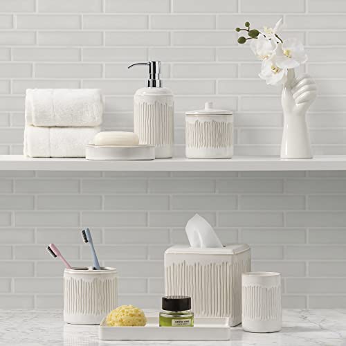 Motifeur Bathroom Accessories Set, 5-Piece Ceramic Bath Accessory Complete Set with Lotion Dispenser/Soap Pump, Cotton Jar, Soap Dish, Tumbler and Toothbrush Holder (Ivory White)