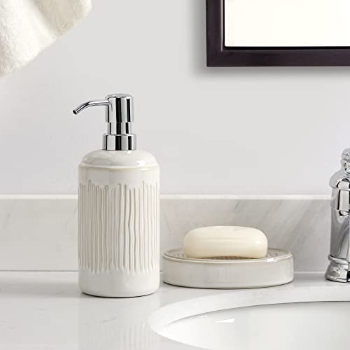 Motifeur Bathroom Accessories Set, 5-Piece Ceramic Bath Accessory Complete Set with Lotion Dispenser/Soap Pump, Cotton Jar, Soap Dish, Tumbler and Toothbrush Holder (Ivory White)