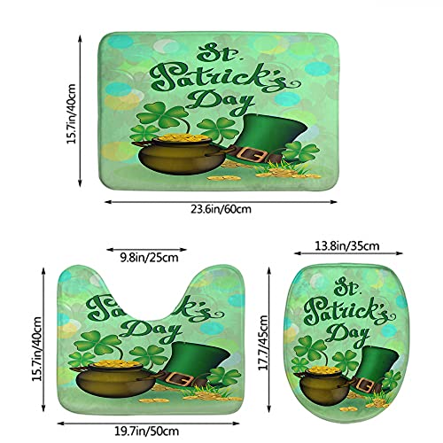 WONDERTIFY St. Patrick S Day Bathroom Antiskid Pad Clover Gold Coins Green Grass 3 Pieces Bathroom Rugs Set, Bath Mat+Contour+Toilet Lid Cover
