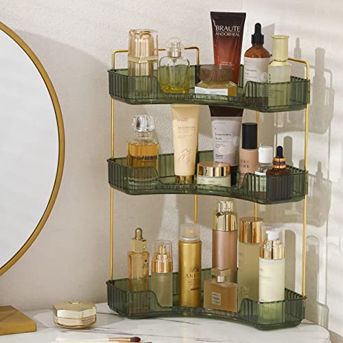 Corner Bathroom Countertop Organizer, Vanity Trays for Bathroom Counter, Makeup Organizer, Perfume Tray, Kitchen Spice Rack, Fits 90 Corner(Green, 3 Tiers)