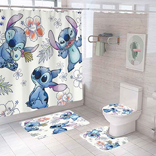 Dufdauio Anime 4 Piece Shower Curtain Set with Non-Slip Rug, Durable Toilet lid Cover, U-Shaped Cushion, and 12 Hooks Waterproof Shower Curtain Set for Bathroom