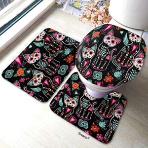 HGOD DESIGNS Cat Bath Mat,Day of The Dead Halloween Cats with Colorful Flowers Bathroom Mat 3 Piece Set Non-Slip Bathmat Antiskid Pad Doormat and Toilet Lid Cover Set