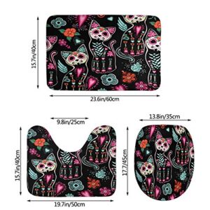 HGOD DESIGNS Cat Bath Mat,Day of The Dead Halloween Cats with Colorful Flowers Bathroom Mat 3 Piece Set Non-Slip Bathmat Antiskid Pad Doormat and Toilet Lid Cover Set