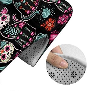 HGOD DESIGNS Cat Bath Mat,Day of The Dead Halloween Cats with Colorful Flowers Bathroom Mat 3 Piece Set Non-Slip Bathmat Antiskid Pad Doormat and Toilet Lid Cover Set