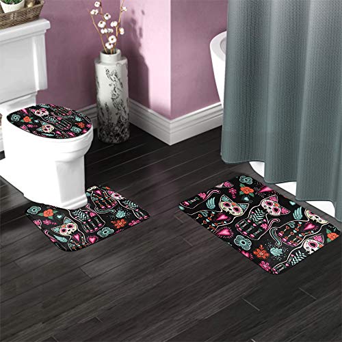 HGOD DESIGNS Cat Bath Mat,Day of The Dead Halloween Cats with Colorful Flowers Bathroom Mat 3 Piece Set Non-Slip Bathmat Antiskid Pad Doormat and Toilet Lid Cover Set