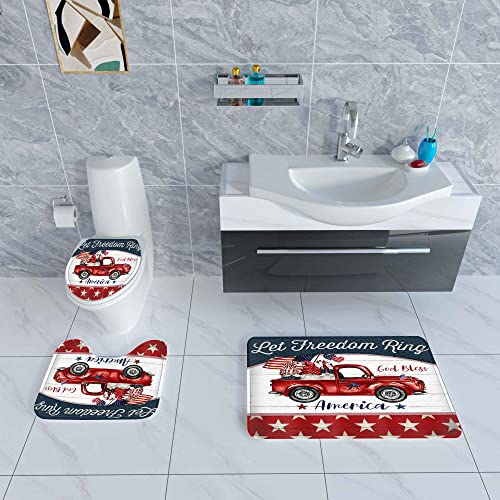 4 Pcs American Flag Shower Curtain Set , with Non-Slip Rugs Toilet Lid Cover Bath Mat ,Independence Day 4 of July Decoration Shower Curtain with 12 Hooks , Waterproof Bathroom Set 65" x 70 "