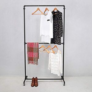 Industrial Pipe Clothing Racks on Wheels Double Hanging Rod Metal Clothing Rack,Heavy Duty Commercial Display Garment Rack,Vintage Retail Rack Hanging Weight Rack, Metal Ballet Rolling Racks,Black