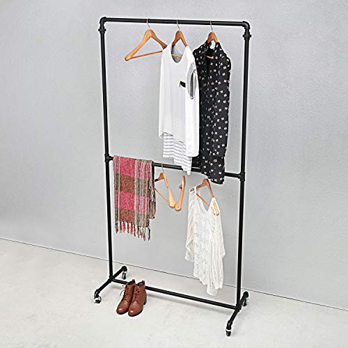 Industrial Pipe Clothing Racks on Wheels Double Hanging Rod Metal Clothing Rack,Heavy Duty Commercial Display Garment Rack,Vintage Retail Rack Hanging Weight Rack, Metal Ballet Rolling Racks,Black