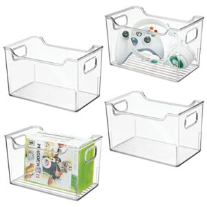 mdesign deep plastic storage organizer container bin, game and comic organization for cabinet, cupboard, playroom, shelves, or closet - holds video games, tablets, dvds, or controllers, 4 pack, clear