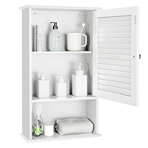 COSTWAY Bathroom Wall Cabinet, Large Capacity Storage Cupboard Cabinet w/Single Louver Door & Height Adjustable Shelf, Wood Wall Mounted Medicine Cabinet for Bathroom, Living Room, Kitchen (White)