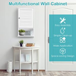 COSTWAY Bathroom Wall Cabinet, Large Capacity Storage Cupboard Cabinet w/Single Louver Door & Height Adjustable Shelf, Wood Wall Mounted Medicine Cabinet for Bathroom, Living Room, Kitchen (White)