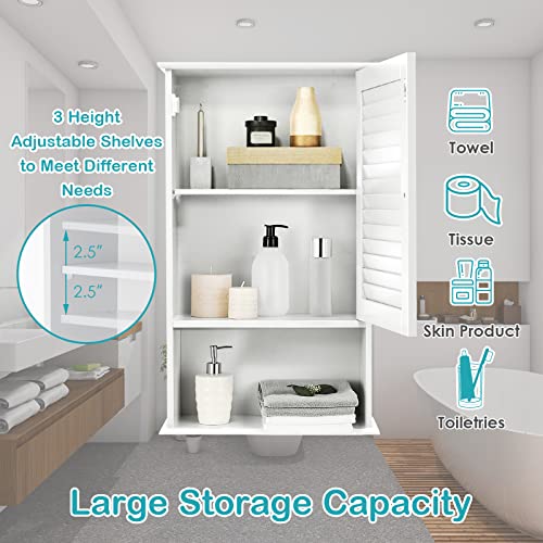 COSTWAY Bathroom Wall Cabinet, Large Capacity Storage Cupboard Cabinet w/Single Louver Door & Height Adjustable Shelf, Wood Wall Mounted Medicine Cabinet for Bathroom, Living Room, Kitchen (White)