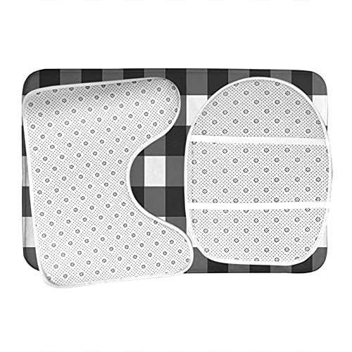 WONDERTIFY Gingham Checkered Bathroom Antiskid Pad Square Buffalo Check Plaid 3 Pieces Bathroom Rugs Set, Bath Mat+Contour+Toilet Lid Cover Black White