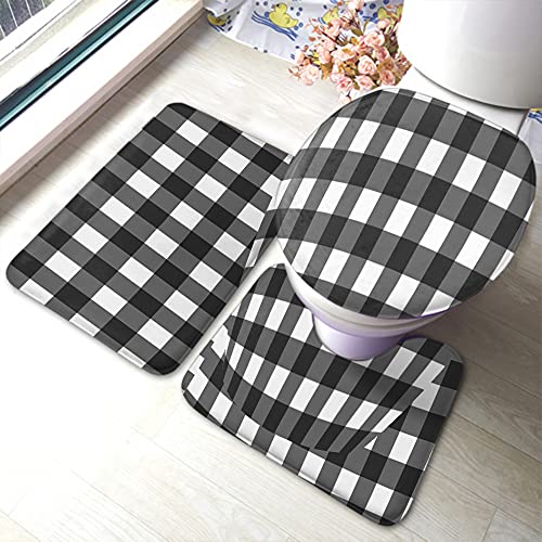 WONDERTIFY Gingham Checkered Bathroom Antiskid Pad Square Buffalo Check Plaid 3 Pieces Bathroom Rugs Set, Bath Mat+Contour+Toilet Lid Cover Black White