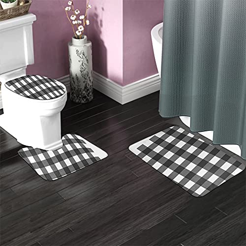 WONDERTIFY Gingham Checkered Bathroom Antiskid Pad Square Buffalo Check Plaid 3 Pieces Bathroom Rugs Set, Bath Mat+Contour+Toilet Lid Cover Black White