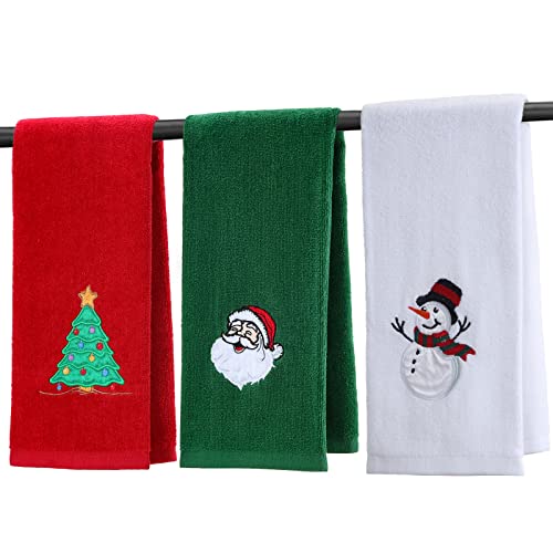 Ansoufien Large Christmas Hand Towels 3 Pieces, 100% Cotton Christmas Kitchen Towels 16" x 25" Christmas Towel for Bathroom Christmas Decoration - Red, White, Green