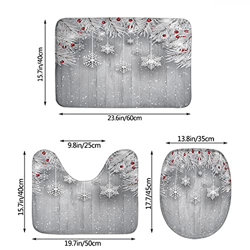 WONDERTIFY Snowflakes Bathroom Antiskid Pad Hanging Christmas Tree Branches 3 Pieces Bathroom Rugs Set, Bath Mat+Contour+Toilet Lid Cover Wooden