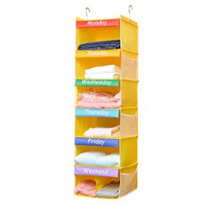 cluqmeik kids closet organizers and storage, weekly hanging clothes organizer, 6 shelves with side mesh pockets, 41.7"x12"x12", yellow, days of the week clothing system, monday through friday