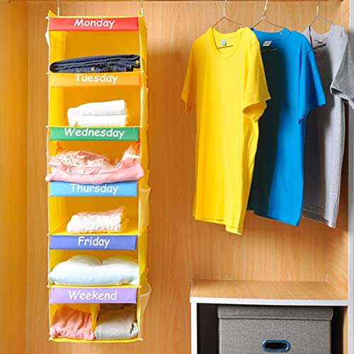 CLUQMEIK Kids Closet Organizers and Storage, Weekly Hanging Clothes Organizer, 6 Shelves with Side Mesh Pockets, 41.7"x12"x12", Yellow, Days of The Week Clothing System, Monday Through Friday