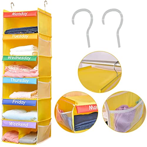 CLUQMEIK Kids Closet Organizers and Storage, Weekly Hanging Clothes Organizer, 6 Shelves with Side Mesh Pockets, 41.7"x12"x12", Yellow, Days of The Week Clothing System, Monday Through Friday
