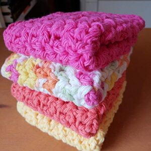 handmade crochet washcloths, dishcloths * thick and dense* 100% cotton set of 4 (ovr rainbow, dark pink, coral and yellow colors)