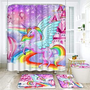 4 pcs unicorn kids shower curtain set with memory foam bath mat, non-slip bathroom rugs and toilet lid cover, waterproof pink rainbow shower curtain with hooks, kawaii girls kids bathroom decor sets