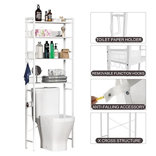 HOME BI Over The Toilet Storage Shelf ，Bathroom Organizer Over The Toilet Storage 4-Tier ，Wooden freestanding Toilet Shelf for Space Storage Toilet with Hooks (White Oak)