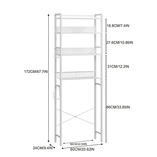 HOME BI Over The Toilet Storage Shelf ，Bathroom Organizer Over The Toilet Storage 4-Tier ，Wooden freestanding Toilet Shelf for Space Storage Toilet with Hooks (White Oak)