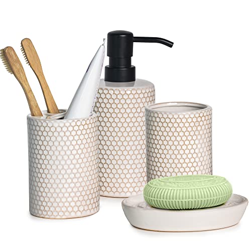 Kendiis Bathroom Accessories Set 4 - Ceramic Bathroom White Accessory Completes with Soap Dispenser, Toothbrush Holder, Tumbler, Soap Dish - Modern Decor, Bathroom Home Decor, Countertop Organize