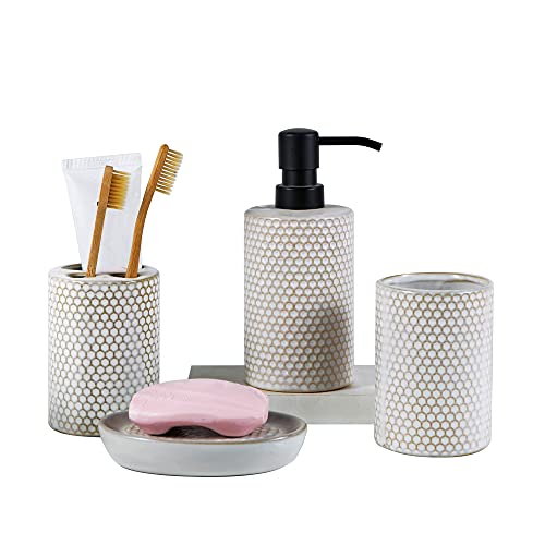 Kendiis Bathroom Accessories Set 4 - Ceramic Bathroom White Accessory Completes with Soap Dispenser, Toothbrush Holder, Tumbler, Soap Dish - Modern Decor, Bathroom Home Decor, Countertop Organize