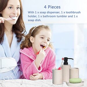 Kendiis Bathroom Accessories Set 4 - Ceramic Bathroom White Accessory Completes with Soap Dispenser, Toothbrush Holder, Tumbler, Soap Dish - Modern Decor, Bathroom Home Decor, Countertop Organize