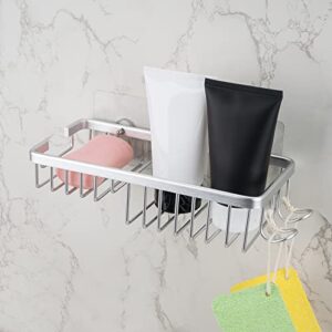 linkidea wall mounted shower caddy shelf with hooks and soap holder, aluminum adhesive shower organizer rack, no drilling shower basket for bathroom (silver)