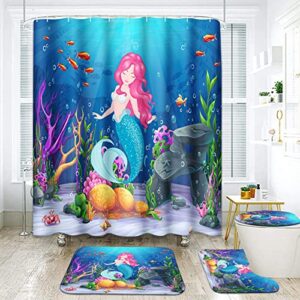 mermaid bathroom sets with shower curtain and rugs and accessories, kids sea shower curtain sets, girl princess beauty shower curtains for the bathroom, ocean underwater world bathroom decor 4 pcs