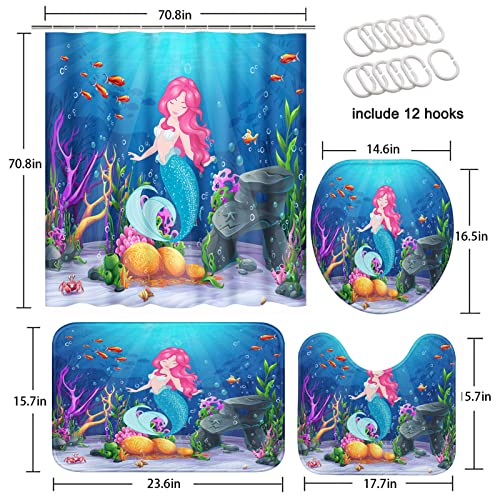 Mermaid Bathroom Sets with Shower Curtain and Rugs and Accessories, Kids Sea Shower Curtain Sets, Girl Princess Beauty Shower Curtains for The Bathroom, Ocean Underwater World Bathroom Decor 4 Pcs