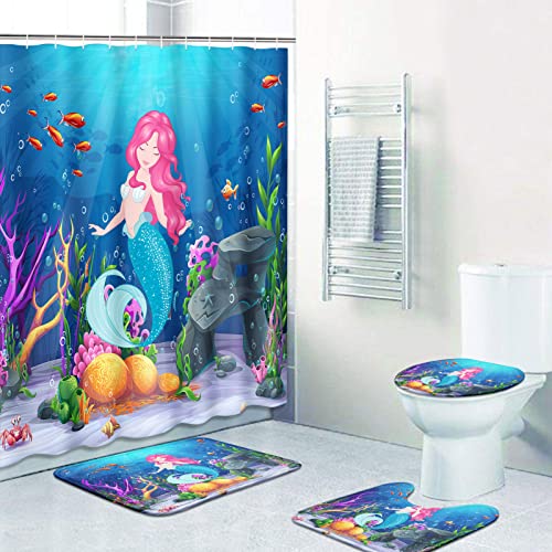 Mermaid Bathroom Sets with Shower Curtain and Rugs and Accessories, Kids Sea Shower Curtain Sets, Girl Princess Beauty Shower Curtains for The Bathroom, Ocean Underwater World Bathroom Decor 4 Pcs