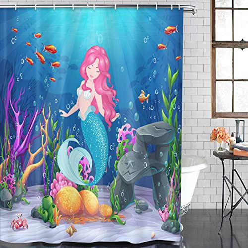 Mermaid Bathroom Sets with Shower Curtain and Rugs and Accessories, Kids Sea Shower Curtain Sets, Girl Princess Beauty Shower Curtains for The Bathroom, Ocean Underwater World Bathroom Decor 4 Pcs