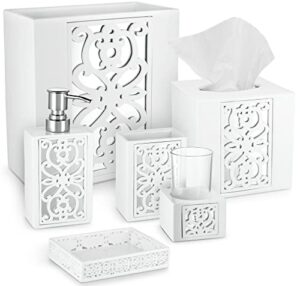 creative scents white bathroom accessories set complete - 6 piece bathroom set includes: soap dispenser, toothbrush holder, tumbler cup, soap dish, tissue cover, and wastebasket mirror janette style