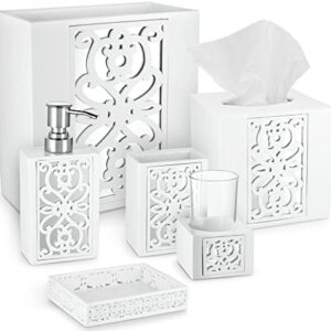 Creative Scents White Bathroom Accessories Set Complete - 6 Piece Bathroom Set Includes: Soap Dispenser, Toothbrush Holder, Tumbler Cup, Soap Dish, Tissue Cover, and Wastebasket Mirror Janette Style