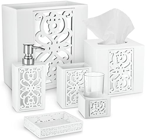 Creative Scents White Bathroom Accessories Set Complete - 6 Piece Bathroom Set Includes: Soap Dispenser, Toothbrush Holder, Tumbler Cup, Soap Dish, Tissue Cover, and Wastebasket Mirror Janette Style