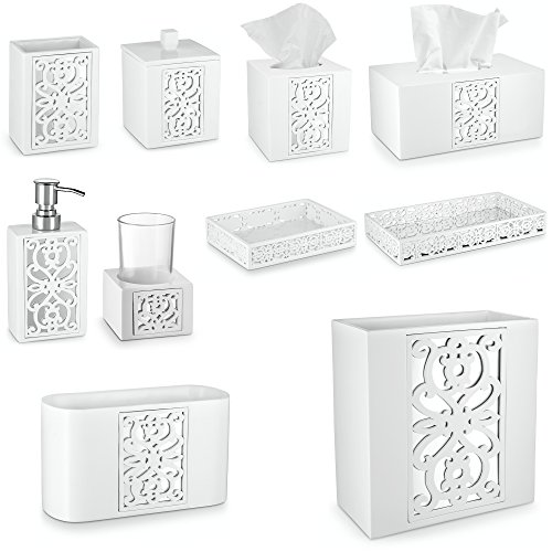 Creative Scents White Bathroom Accessories Set Complete - 6 Piece Bathroom Set Includes: Soap Dispenser, Toothbrush Holder, Tumbler Cup, Soap Dish, Tissue Cover, and Wastebasket Mirror Janette Style