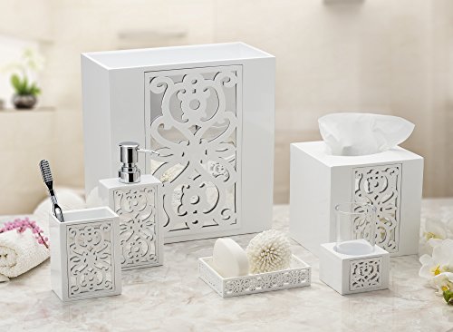 Creative Scents White Bathroom Accessories Set Complete - 6 Piece Bathroom Set Includes: Soap Dispenser, Toothbrush Holder, Tumbler Cup, Soap Dish, Tissue Cover, and Wastebasket Mirror Janette Style