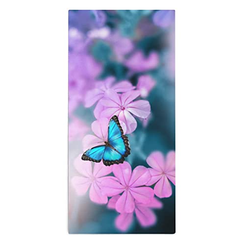 TsyTma Blue Butterfly on Pink-Violet Flowers Hand Towel Yoga Gym Face Spa Towels Spring Florals Absorbent Multipurpose for Bathroom Kitchen Hotel Home Decor 15x30 Inch