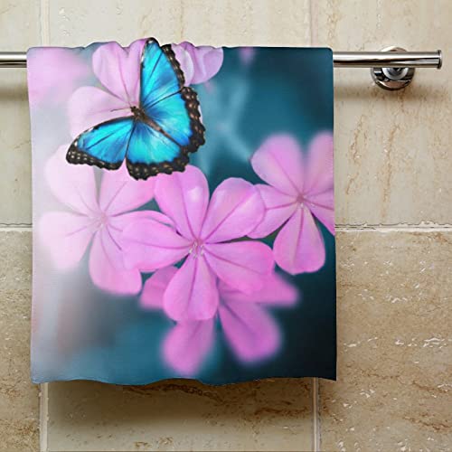 TsyTma Blue Butterfly on Pink-Violet Flowers Hand Towel Yoga Gym Face Spa Towels Spring Florals Absorbent Multipurpose for Bathroom Kitchen Hotel Home Decor 15x30 Inch