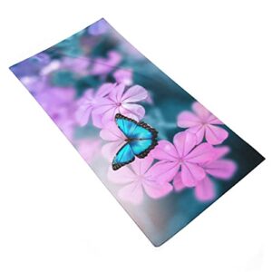 TsyTma Blue Butterfly on Pink-Violet Flowers Hand Towel Yoga Gym Face Spa Towels Spring Florals Absorbent Multipurpose for Bathroom Kitchen Hotel Home Decor 15x30 Inch