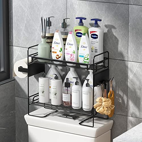 Bathroom Over The Toilet Storage Shelf with Magnetic Hook Set and Toilet Paper Holder, 2-Tier Black Mesh Bracket Shelves, Compact Design