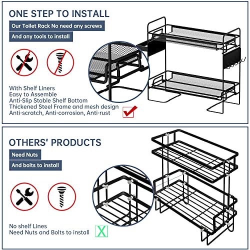 Bathroom Over The Toilet Storage Shelf with Magnetic Hook Set and Toilet Paper Holder, 2-Tier Black Mesh Bracket Shelves, Compact Design